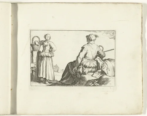Twee boerinnen by Cornelis Bloemaert, print, 1700-1800