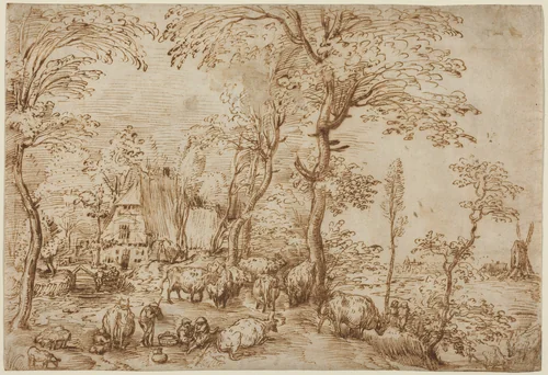 Peasants and Cattle near a Farmhouse by Pieter Bruegel, drawing, 1553-1554