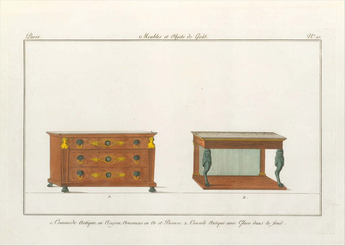 Design for a Commode and Console (Plate 10), in Collection de Meubles et Objets de Goût, vol. 1 by Pierre de La Mésangère, book, 1802-1807