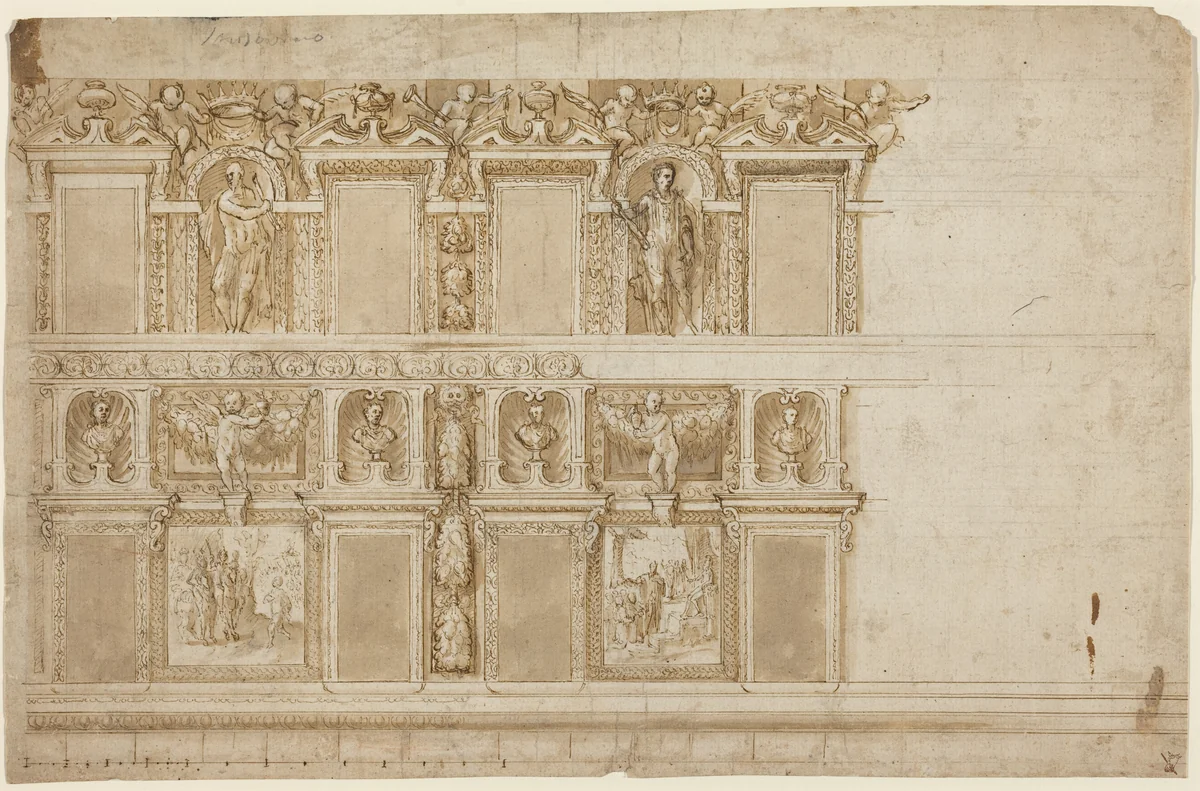 A Palatial Wall Ornamented with Sculptures and Paintings by Andrea Semino, drawing, 1565-1575