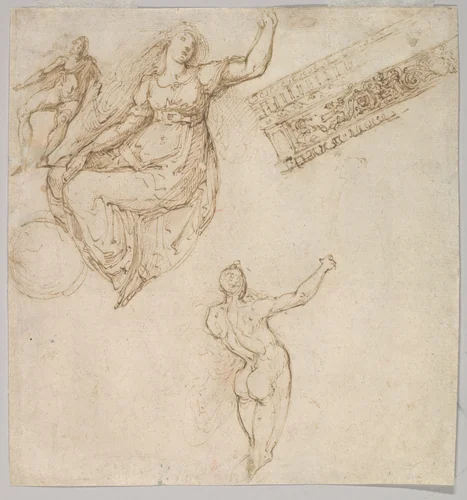 Figure Studies and an Entablature by anonymous, drawing, 1500-1599