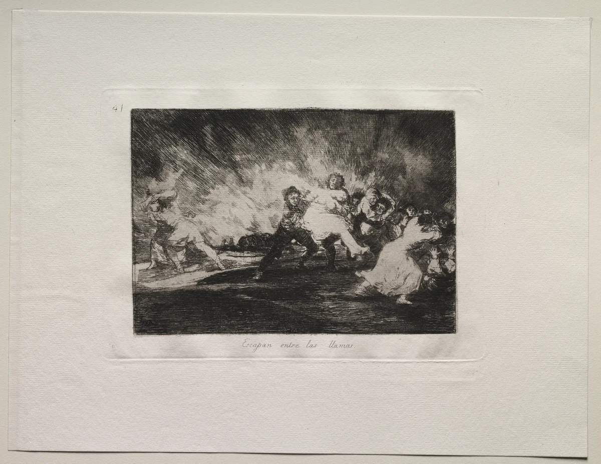 The Horrors of War: They Escape Through the Flames by Francisco de Goya, print, 1810-1820