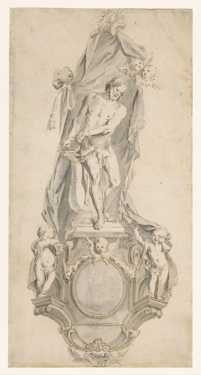 Ornamentaal ontwerp met Christus aan de geselpaal by anonymous, drawing, 1600-1699