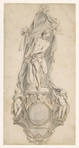 Ornamentaal ontwerp met Christus aan de geselpaal by anonymous, drawing, 1600-1699