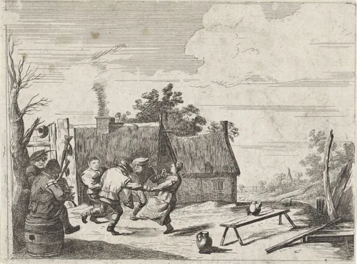 Dansende boeren op de muziek van twee muzikanten by anonymous, print, 1630-1718