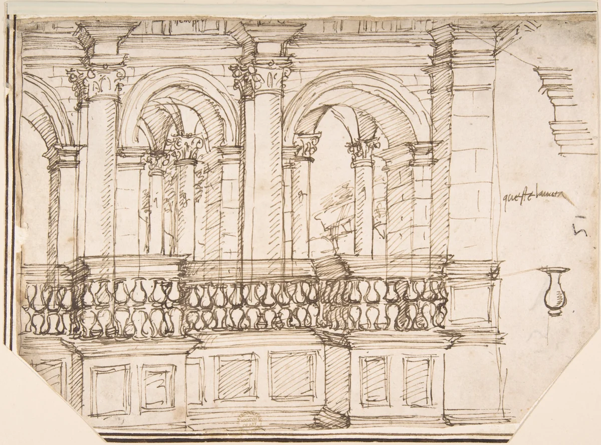 Arcade in the Balustrade (Stage Setting?) by anonymous, drawing, 1500-1600