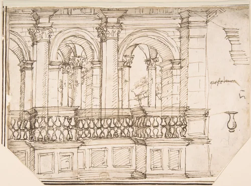 Arcade in the Balustrade (Stage Setting?) by anonymous, drawing, 1500-1600