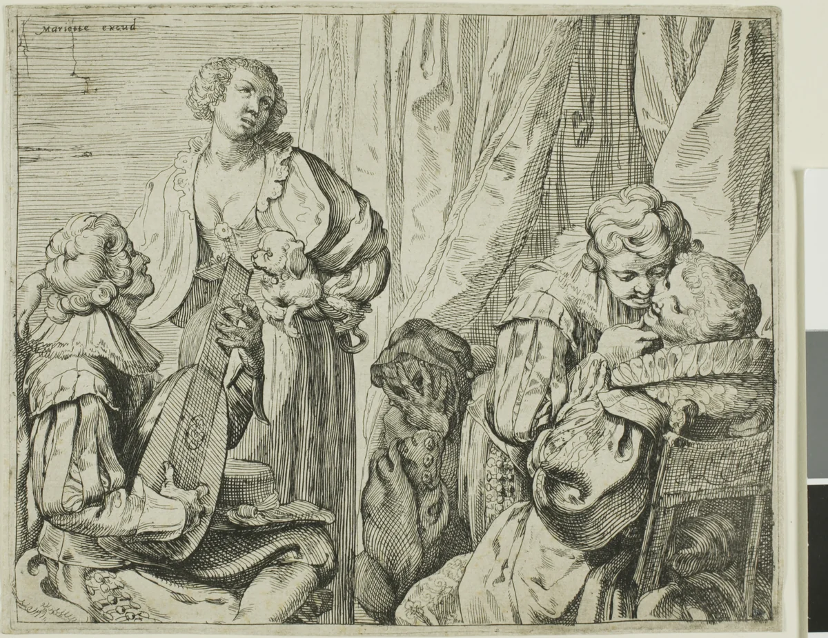 Interior with Two Pairs of Lovers and a Fool by Johann Liss, print, 1625-1629