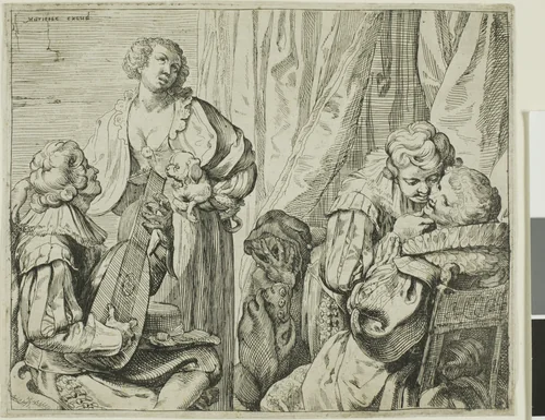 Interior with Two Pairs of Lovers and a Fool by Johann Liss, print, 1625-1629