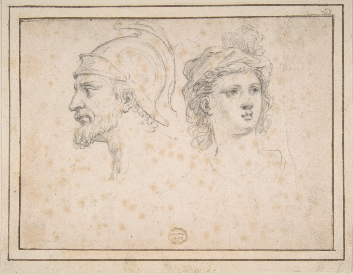 Head of a Bearded Soldier in Profile, Head of a Young Woman in Three-Quarter View by anonymous, drawing, 1600-1699