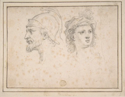 Head of a Bearded Soldier in Profile, Head of a Young Woman in Three-Quarter View by anonymous, drawing, 1600-1699