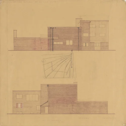 Wolf House, Gubin, Poland, North and west elevations by Ludwig Mies van der Rohe, mies van der rohe archive, 1925