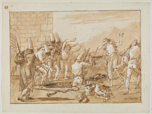 Punchinello Retrieving Dead Fowls from a Well by Giovanni Domenico Tiepolo, drawing, 1771-1804
