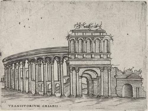 Transitorium Caesaris [formerly Teatrum Bordeos], from a Series of 24 Depicting (Reconstructed) Buildings from Roman Antiquity by anonymous, print, 1530-1550