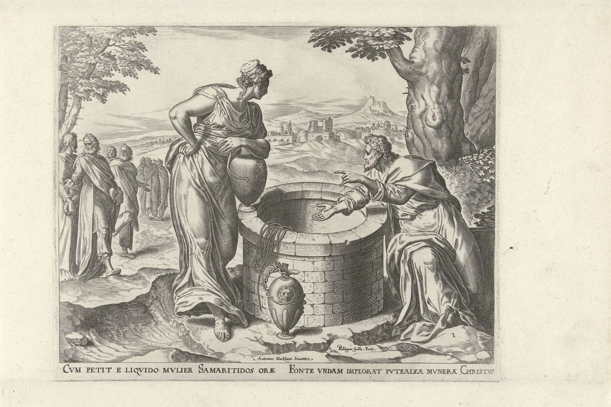 Christus en de Samaritaanse vrouw bij de bron by Unknown, print, 1577-1579