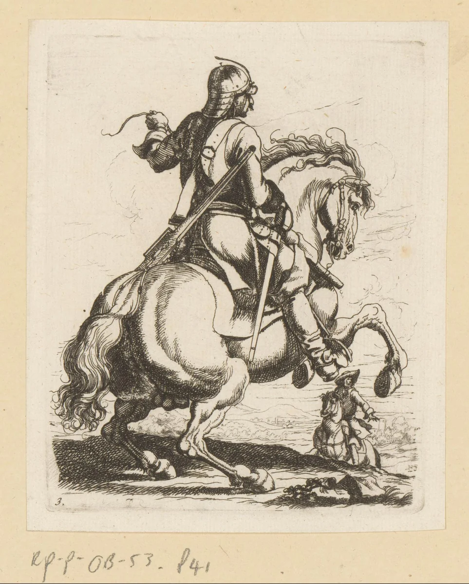 Ruiter in harnas op steigerend paard by Georg Philipp Rugendas, print, 1676-1742