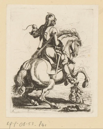 Ruiter in harnas op steigerend paard by Georg Philipp Rugendas, print, 1676-1742