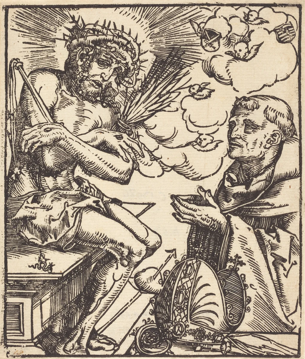 Saint Bernard Adoring the Man of Sorrows by Lucas Cranach, print, 1472-1553