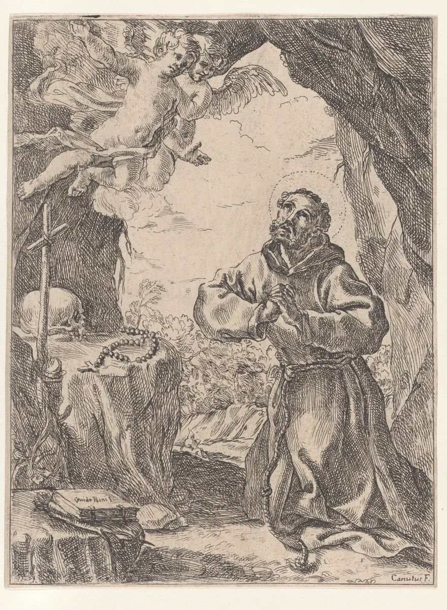 Saint Francis of Assisi, kneeling before a crucifix with two angels at upper left by Domenico Maria Canuti, print, 1643-1644