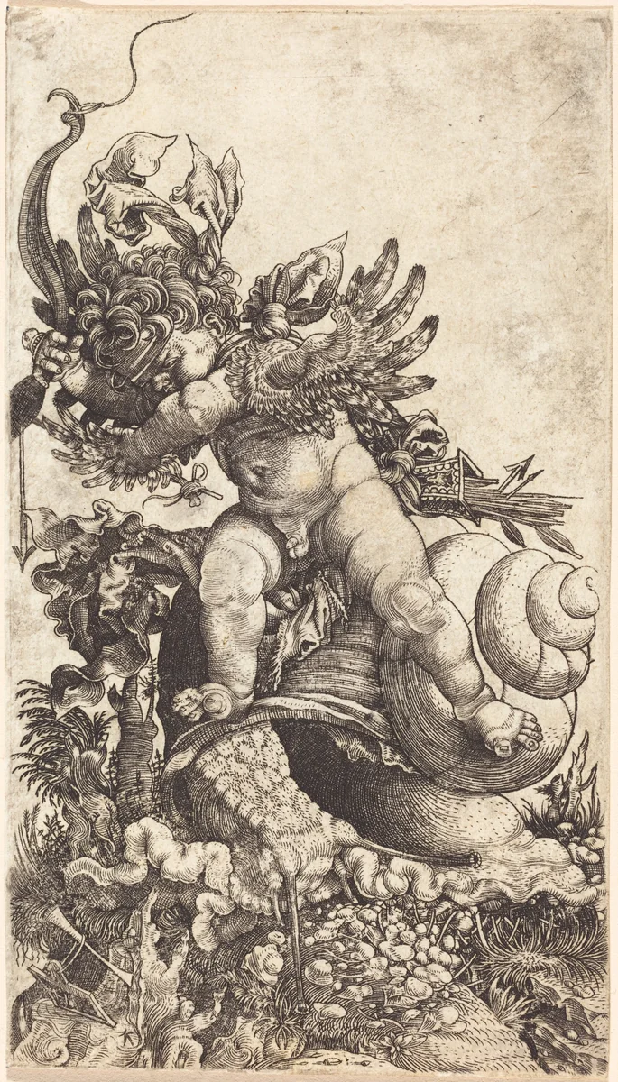 Cupid Riding a Snail over Fungus Vegetation by Master H. L., print, 1533
