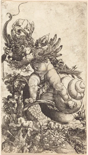 Cupid Riding a Snail over Fungus Vegetation by Master H. L., print, 1533