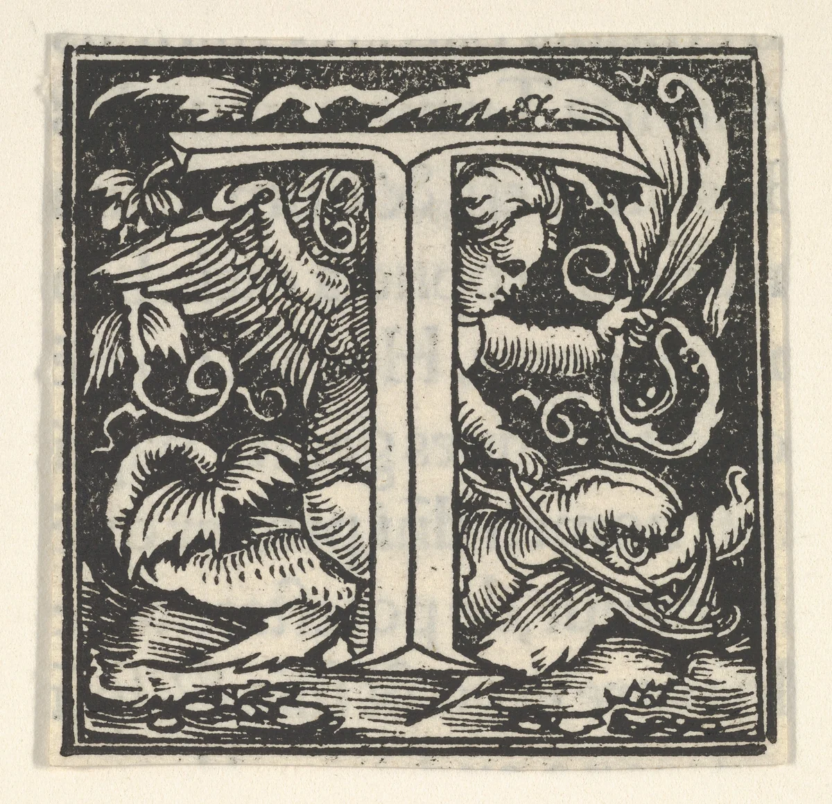 Initial letter T with putto by Heinrich Vogtherr, print, 1533-1540