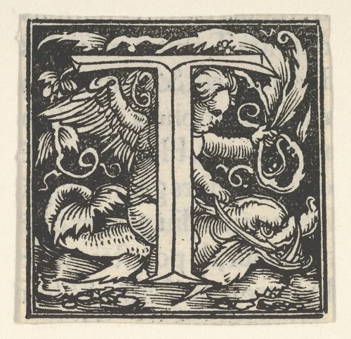 Initial letter T with putto by Heinrich Vogtherr, print, 1533-1540