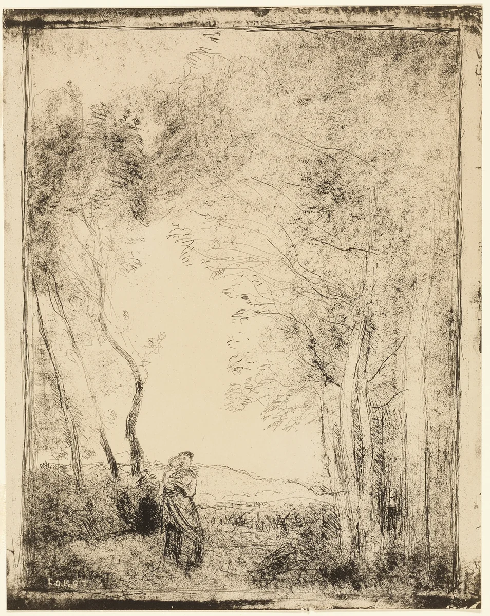 Young Mother at the Edge of the Woods by Jean-Baptiste-Camille Corot, print, 1856