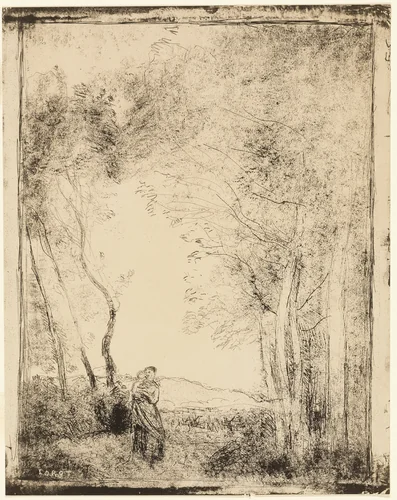 Young Mother at the Edge of the Woods by Jean-Baptiste-Camille Corot, print, 1856
