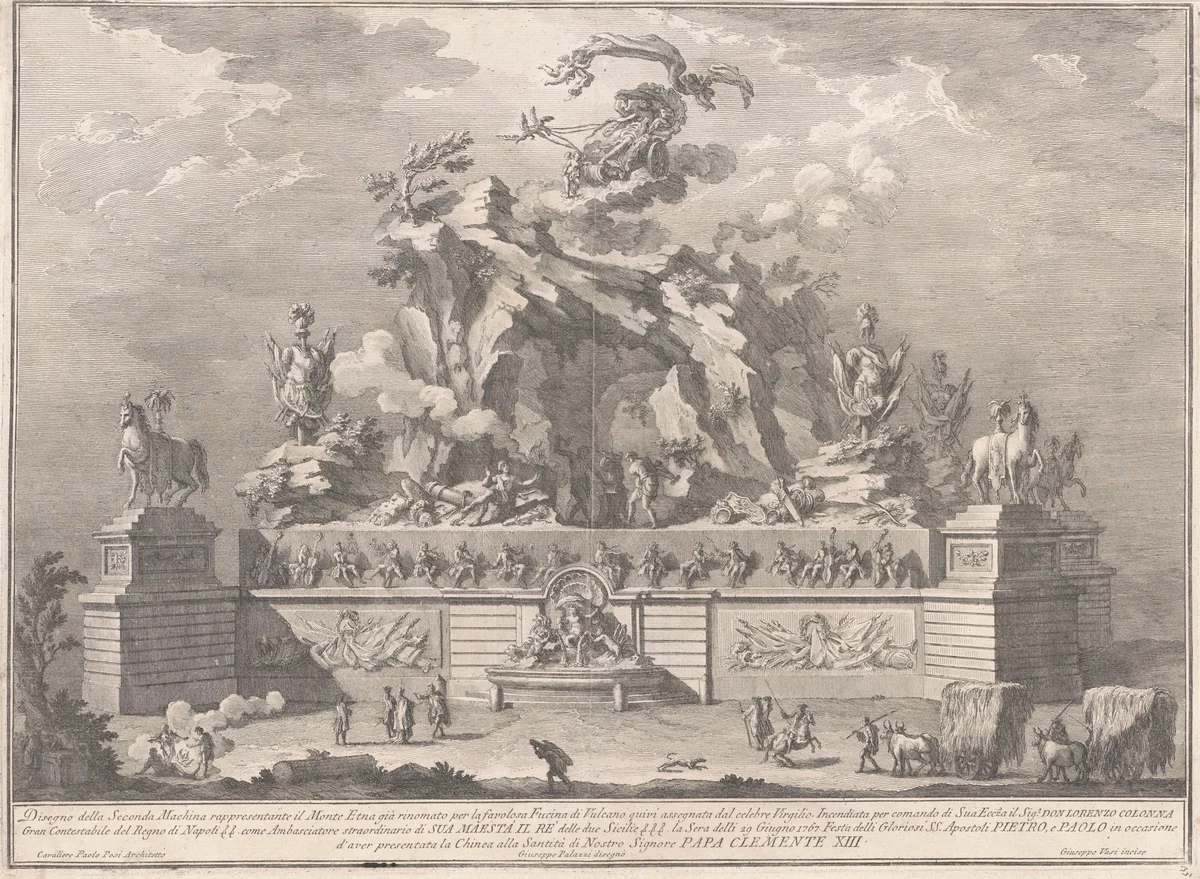 The Seconda Macchina for the Chinea of 1767: Mount Etna with the Forge of Vulcan by Giuseppe Vasi, print, 1767