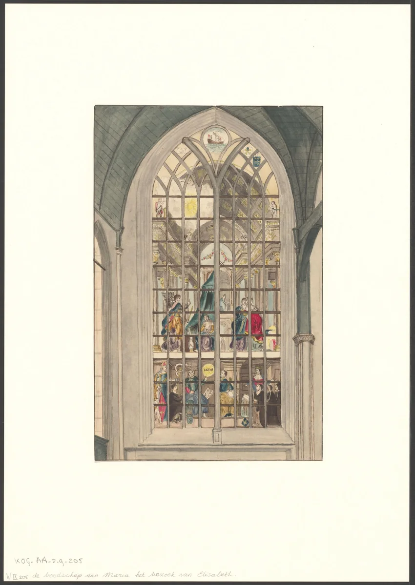 Interieur van de Oude Kerk met raam met de voorstelling van de Annunciatie en de Visitatie by anonymous, drawing, 1750-1799
