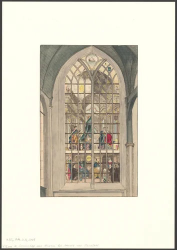 Interieur van de Oude Kerk met raam met de voorstelling van de Annunciatie en de Visitatie by anonymous, drawing, 1750-1799