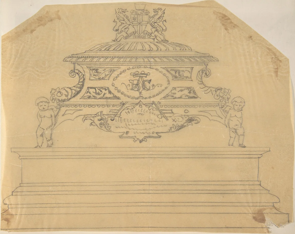 Metal Casket Supported by Putti, inscribed with Crowned Initials B.C., and Topped with Dragons by anonymous, drawing, 1850-1900