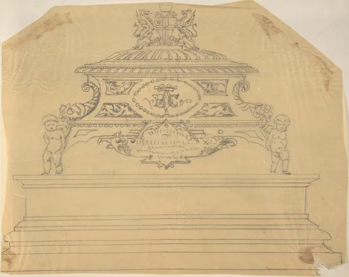 Metal Casket Supported by Putti, inscribed with Crowned Initials B.C., and Topped with Dragons by anonymous, drawing, 1850-1900