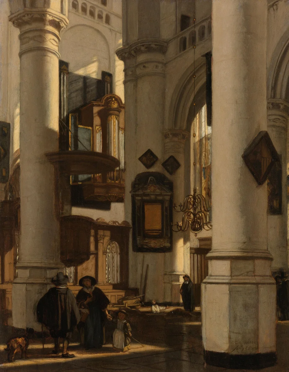 Interieur van een protestantse, gotische kerk, met een grafdelver in het koor by Emanuel de Witte, painting, 1669