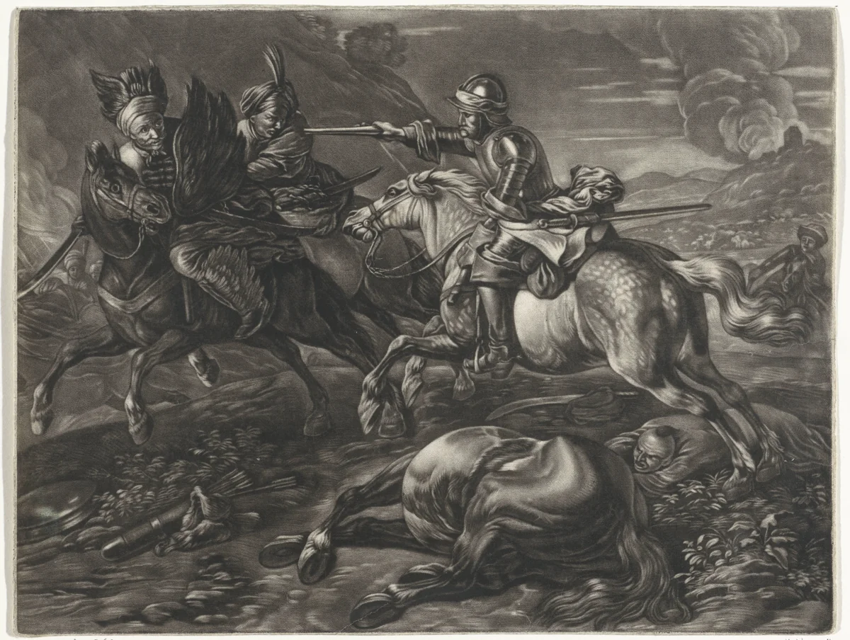 Janitsaren in gevecht by Jacob Gole, print, 1670-1724