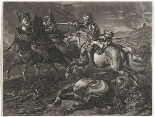 Janitsaren in gevecht by Jacob Gole, print, 1670-1724