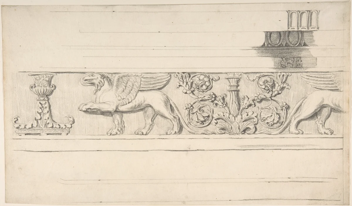 Classical Frieze with Griffins and Candleabra, and Molding Details by Thomas Hardwick, drawing, 1776-1779