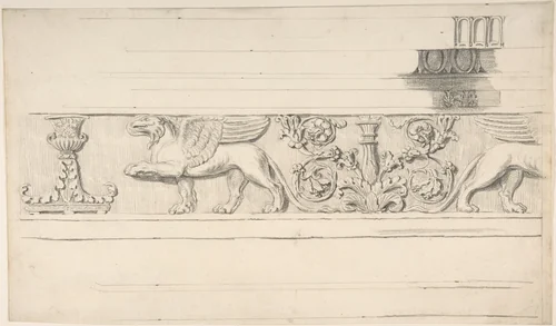 Classical Frieze with Griffins and Candleabra, and Molding Details by Thomas Hardwick, drawing, 1776-1779