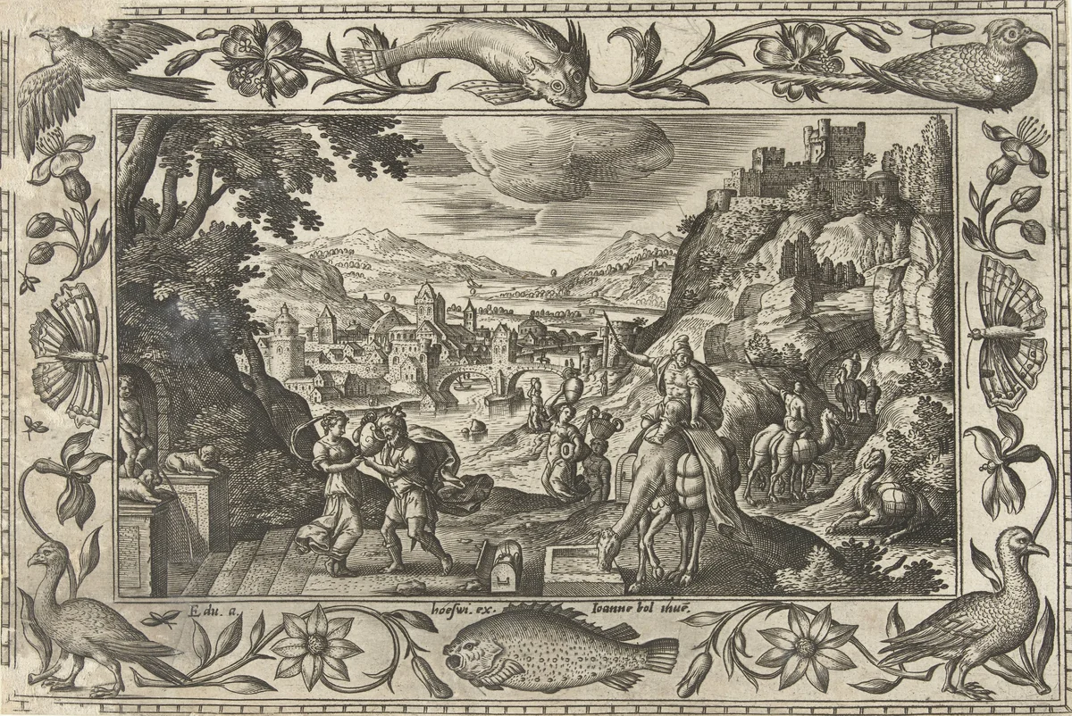 Rebekka en Eliëzer bij de bron by Unknown, print, 1582-1586
