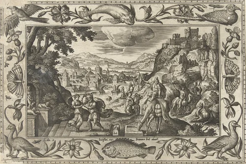 Rebekka en Eliëzer bij de bron by Unknown, print, 1582-1586