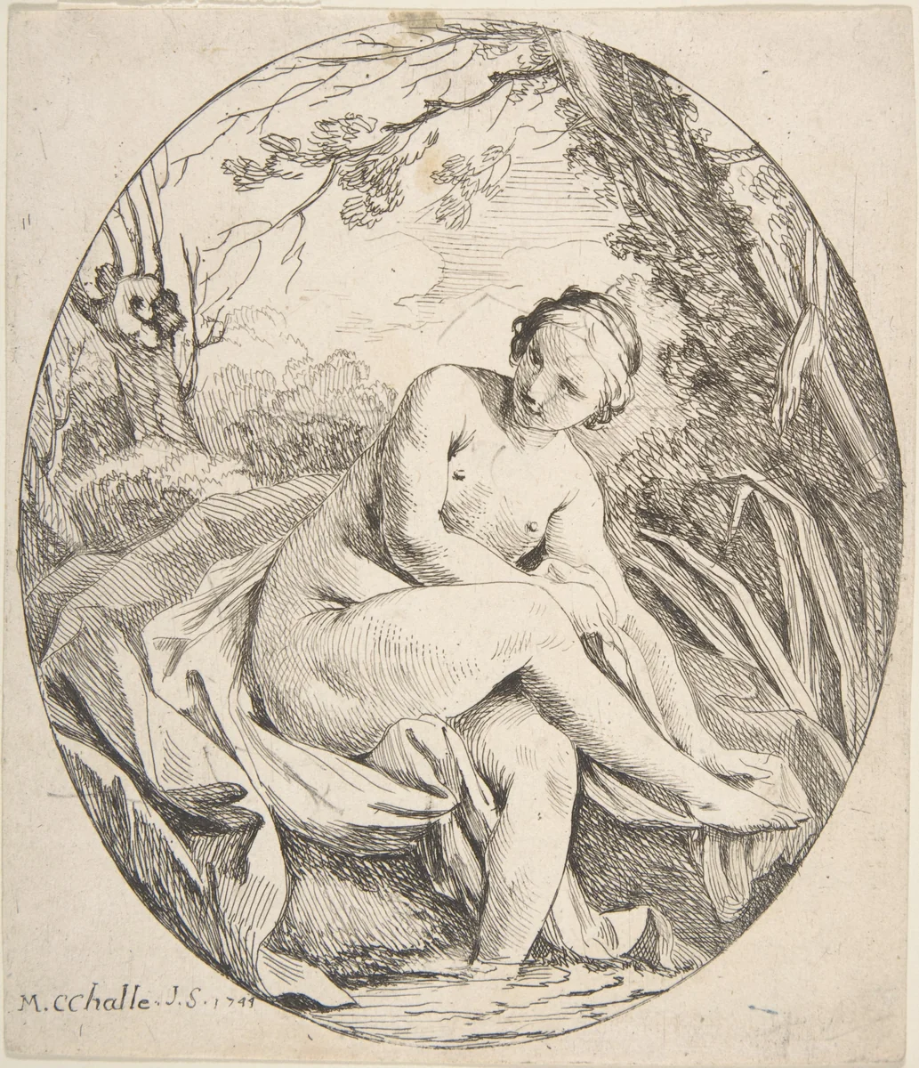 Nymph at a Bath by Charles Michel-Ange Challe, print, 1744