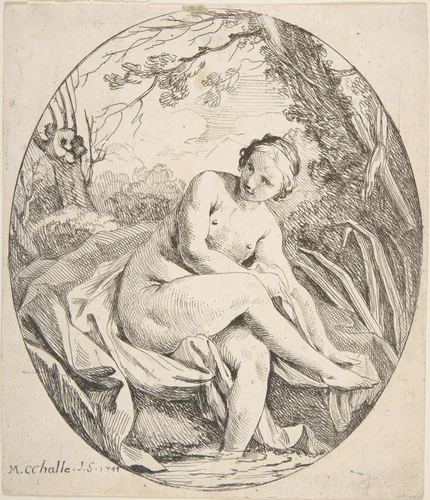 Nymph at a Bath by Charles Michel-Ange Challe, print, 1744