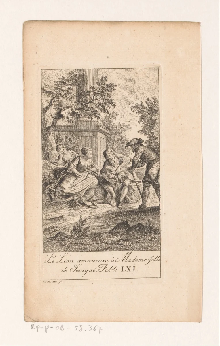 Fabel van de leeuw verliefd op mademoiselle de Sevigné by Johann Heinrich Meil, print, 1758