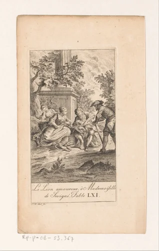 Fabel van de leeuw verliefd op mademoiselle de Sevigné by Johann Heinrich Meil, print, 1758