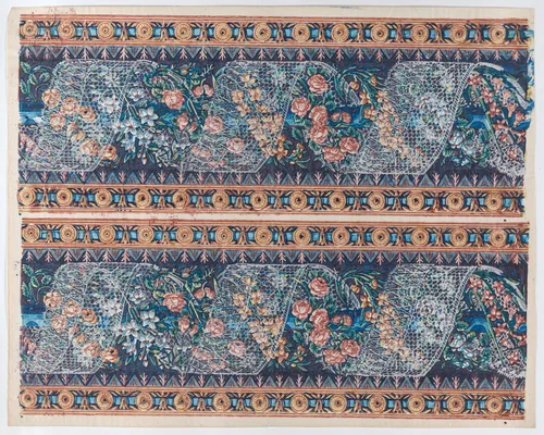 Sheet with two borders with lace atop a floral garland against a navy background by anonymous, print, 1775-1875