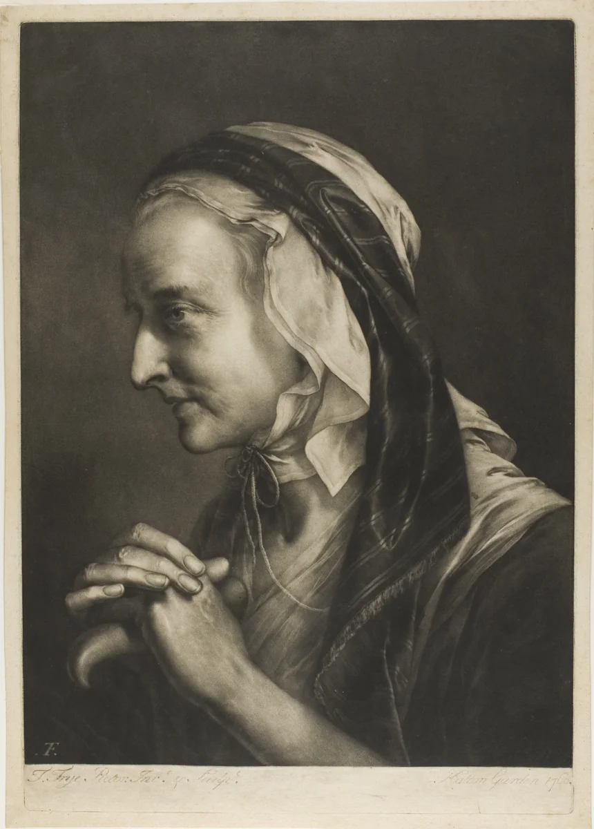 Old Woman Leaning on a Cane, from Life-Sized Heads by Thomas Frye, print, 1760