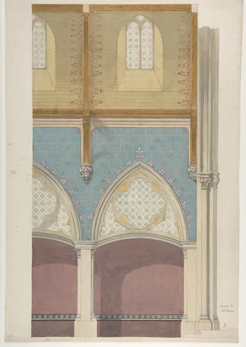Elevation of Nave, Chapelle des Catéchismes, Ste Clothilde, Paris by Jules-Edmond-Charles Lachaise, drawing, 1850-1900