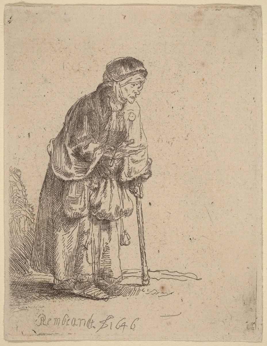 Beggar Woman Leaning on a Stick by Rembrandt van Rijn, print, 1646