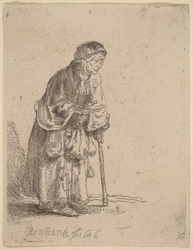 Beggar Woman Leaning on a Stick by Rembrandt van Rijn, print, 1646